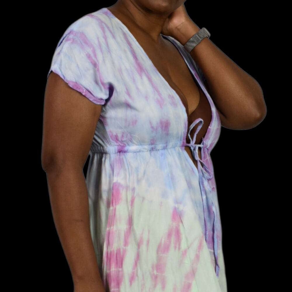 Pastel Tie Dye Maxi Swim Coverup Dress Blue Open Front Plunge Thigh Patio Small - Picture 8 of 14